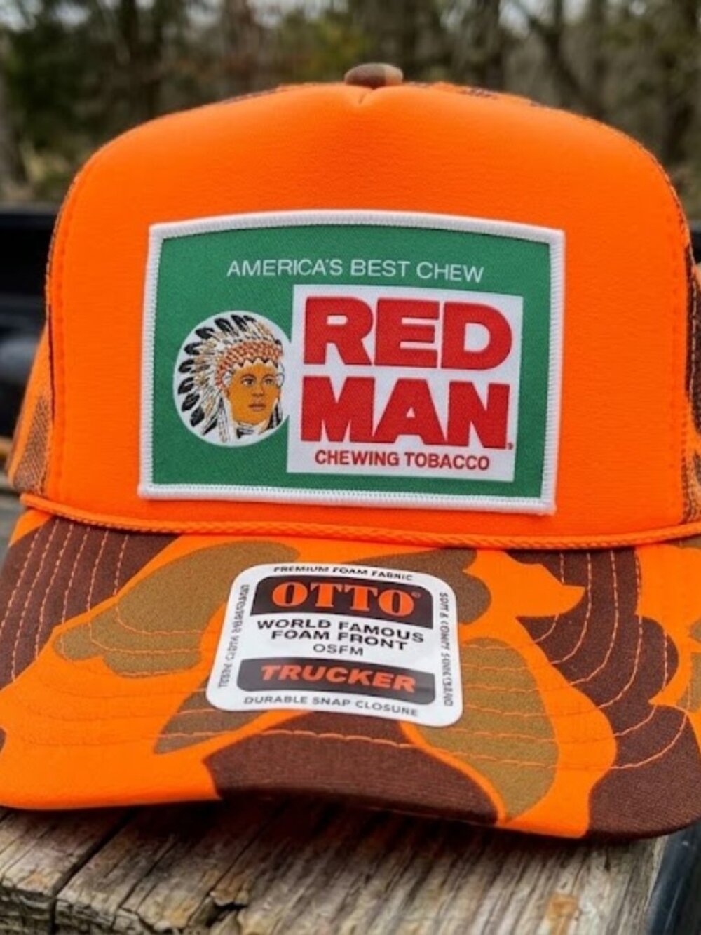 Vintage-Inspired Red Man Hat Tobacco Patch Sewn OTTO Orange Camo Foam Rope Cap